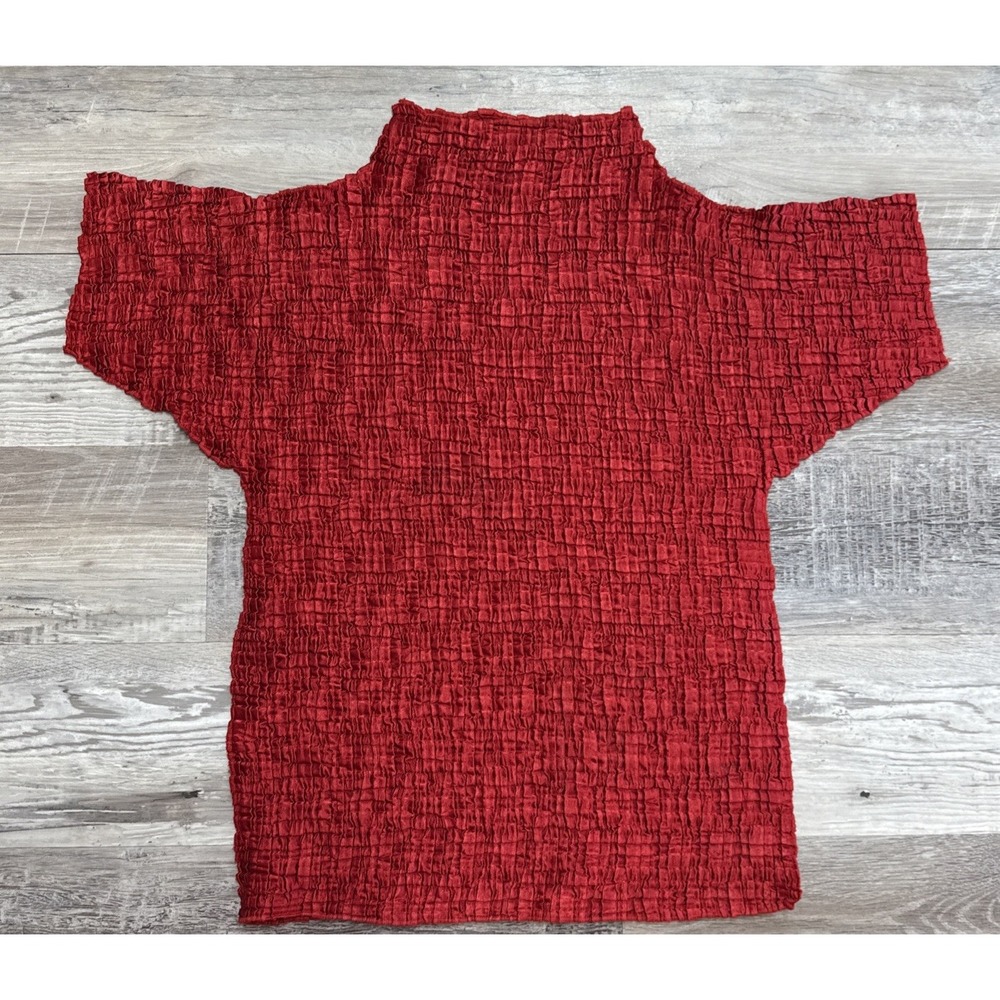Vintage Casual Corner Crinkle Pleat Mock Neck Short Sleeve Top Blouse Red Sz M